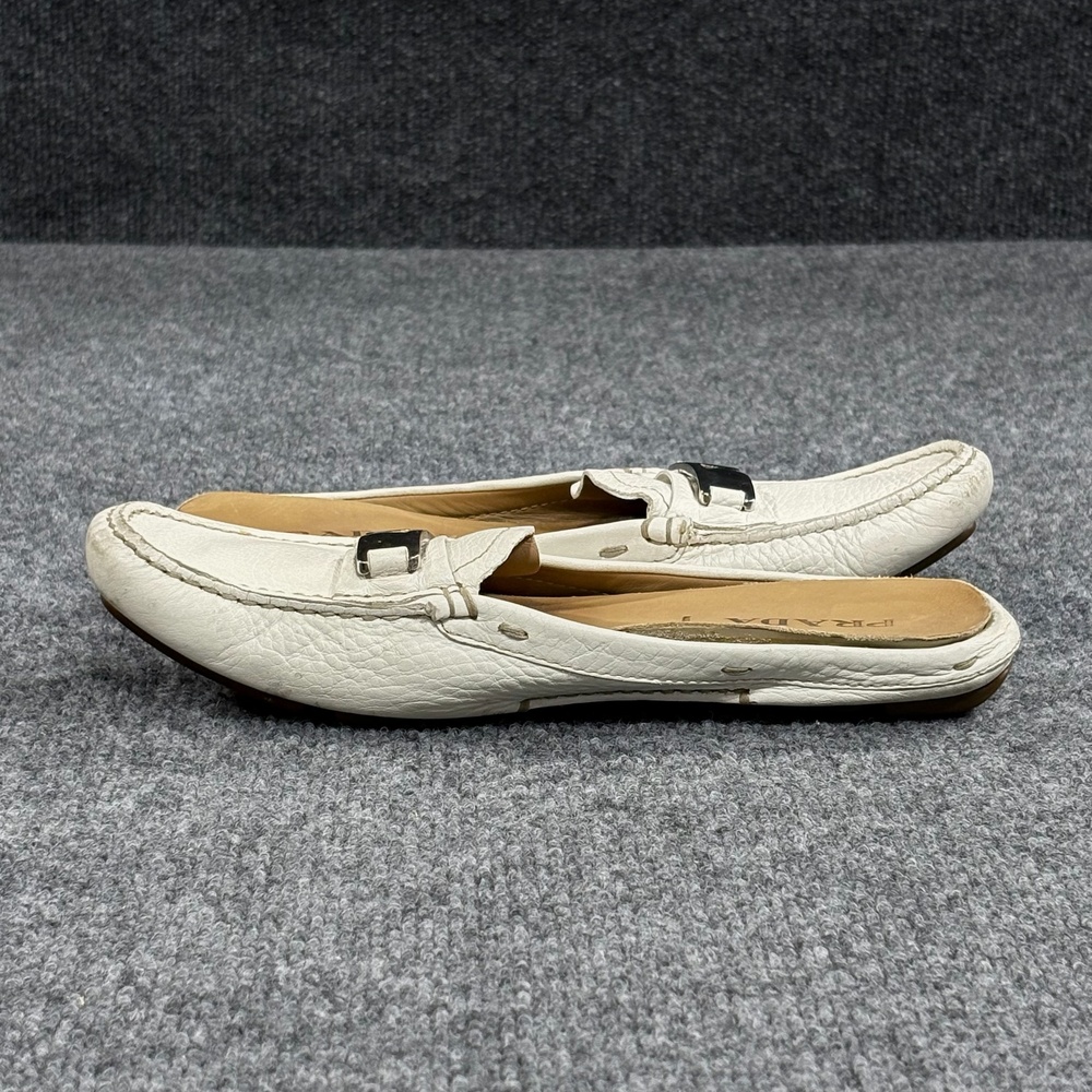 Prada Shoes Womens 6 EU 36.5 White Leather Loafer Mule Flats Italy Square Toe